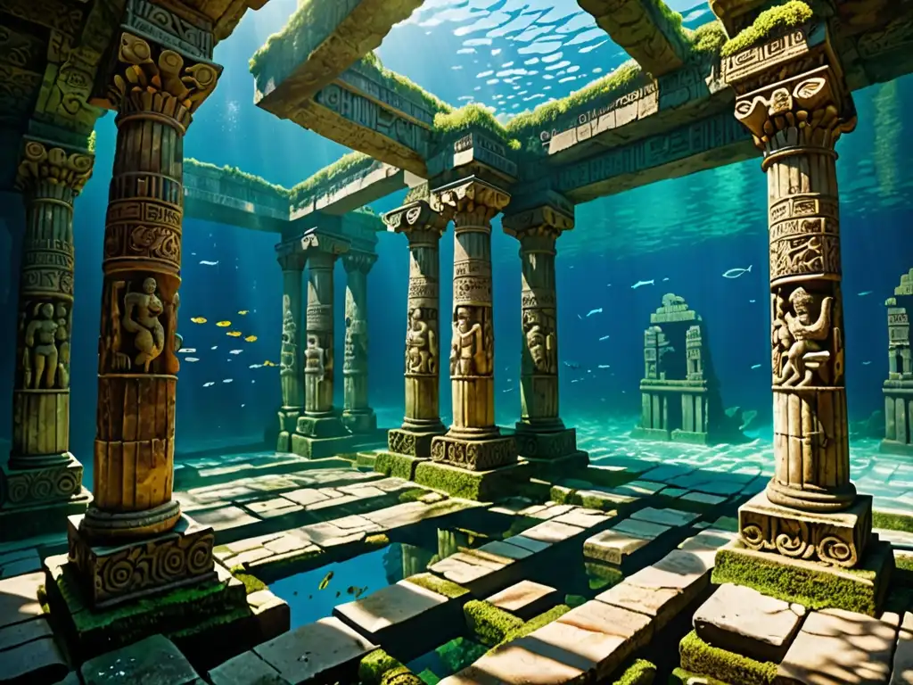 Ruinas antiguas sumergidas con detalles asombrosos y vida marina, alimentando mitos sobre el colapso de Mu y Lemuria