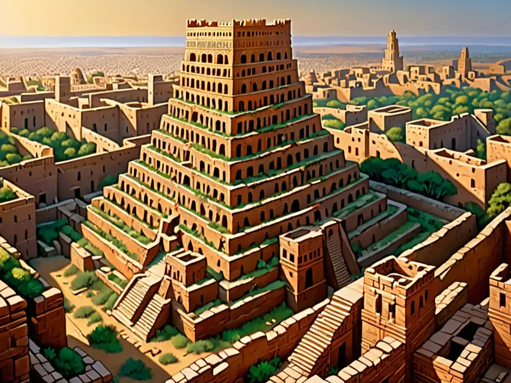 Ruinas antiguas de la Torre de Babel, con detalles arquitectónicos e intrincados tallados