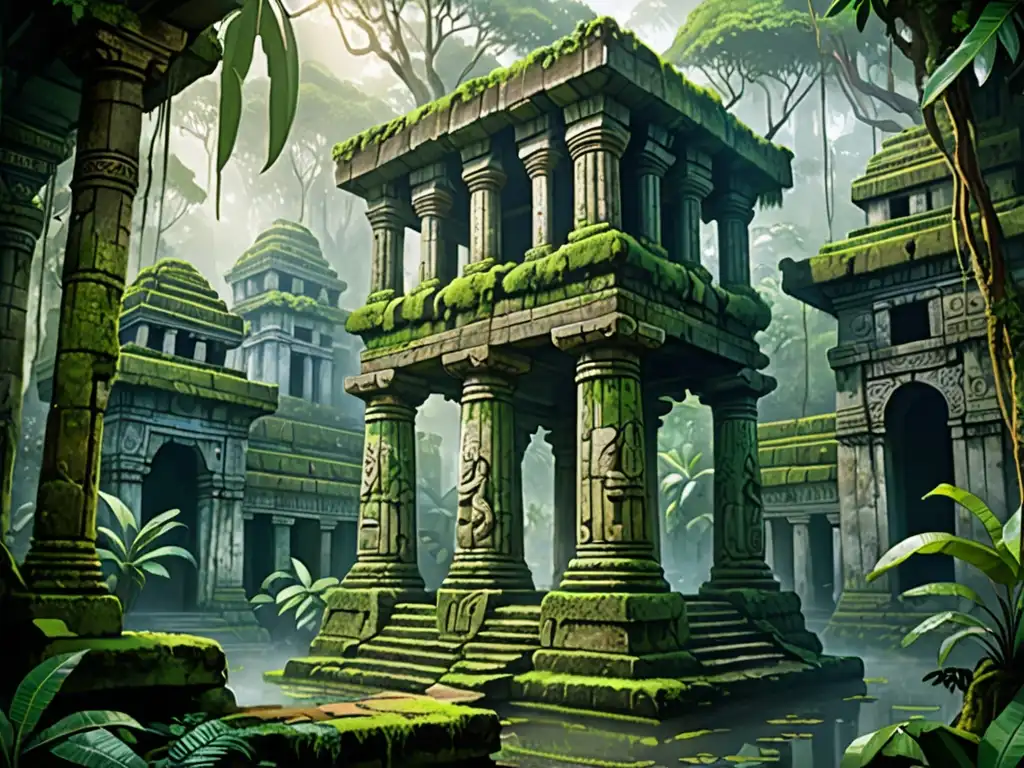 Ruinas cubiertas de musgo en la exuberante jungla de Lemuria, evocando la belleza mística del continente perdido