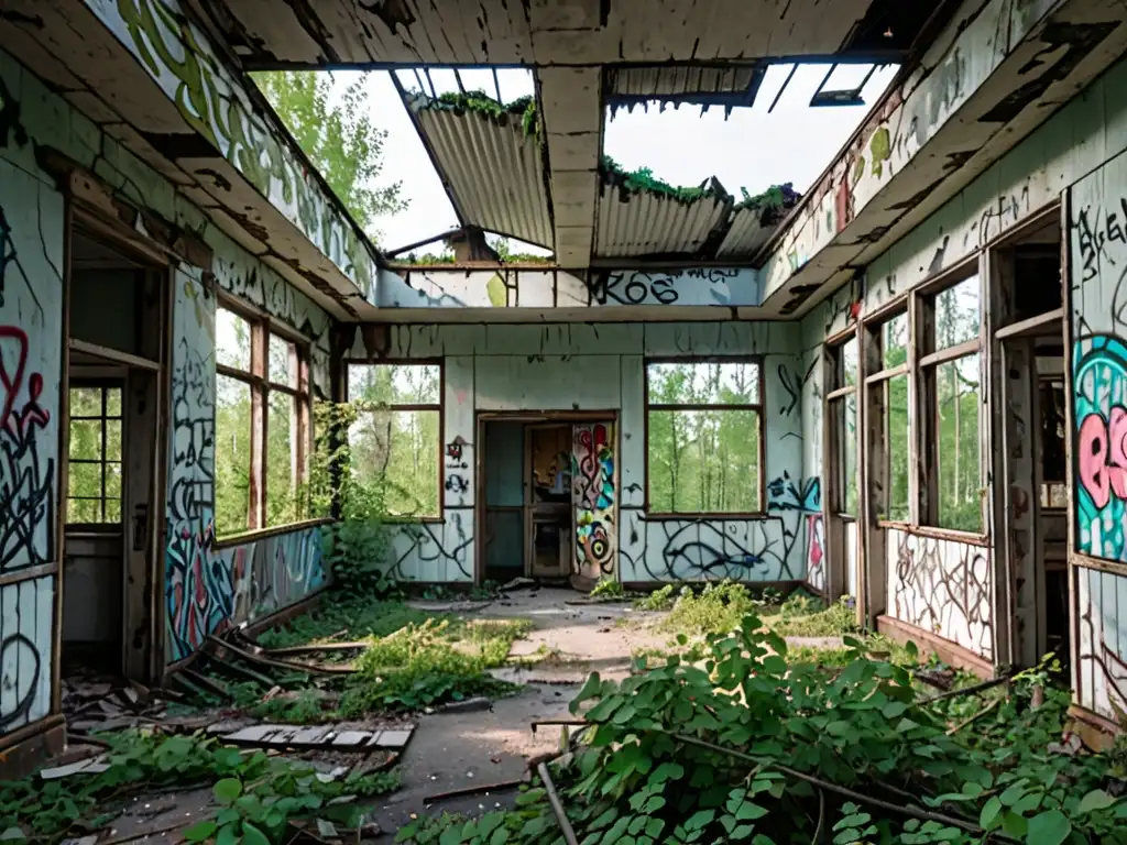 Ruinas de Chernobyl: Desolación y abandono en 8k Ruinas desoladas en Chernóbil, con apariciones de fantasmas entre la vegetación y las paredes cubiertas de graffiti