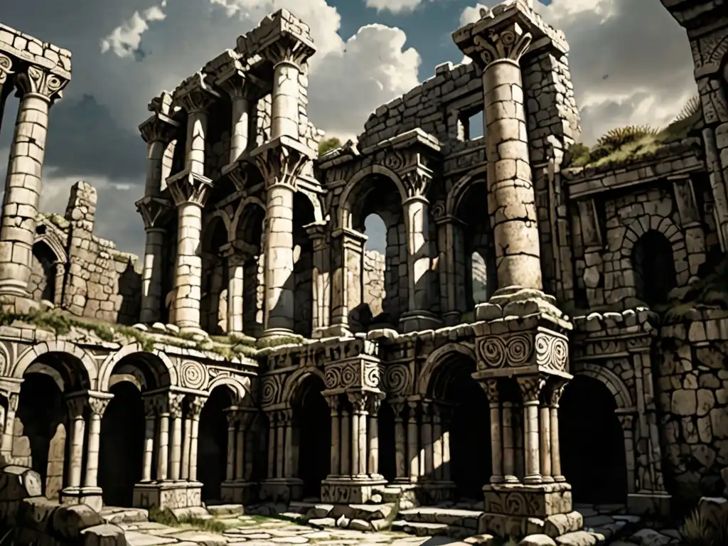Ruinas europeas antiguas con detallados grabados en piedra, evocando la grandeza y misterio del mundo antiguo