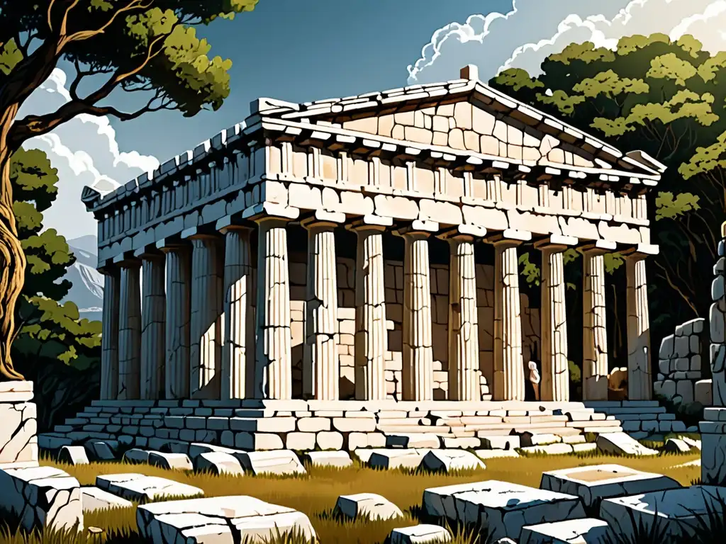 Ruinas griegas antiguas: majestuosidad y decadencia Ruinas griegas antiguas destacando el contraste entre la grandeza y el paso del tiempo, rodeadas de exuberante vegetación