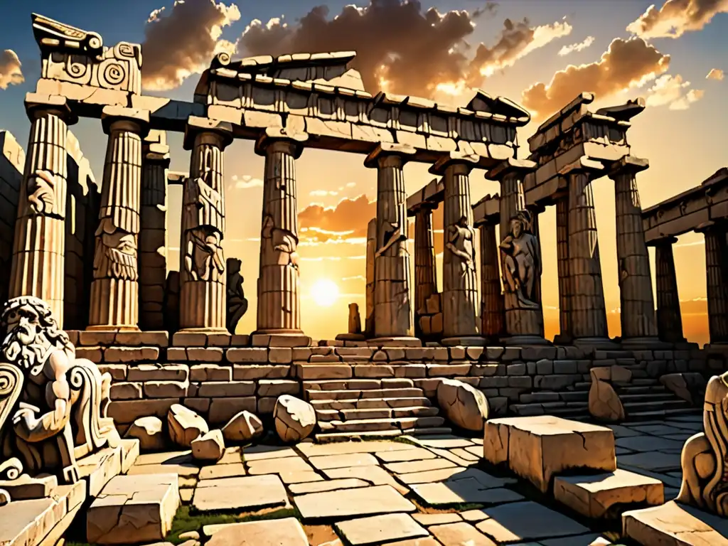 Ruinas griegas con tallados de Zeus, Atenea y Poseidón, bajo un dramático atardecer