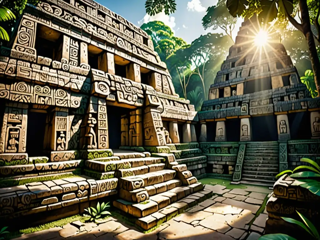 Ruinas mayas antiguas con grabados detallados y símbolos, rodeadas de selva exuberante