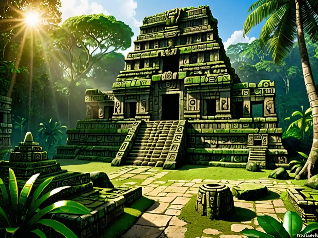Ruinas mayas cubiertas de musgo iluminadas por el sol poniente, en un juego de aventura gráfica de mitología y puzles