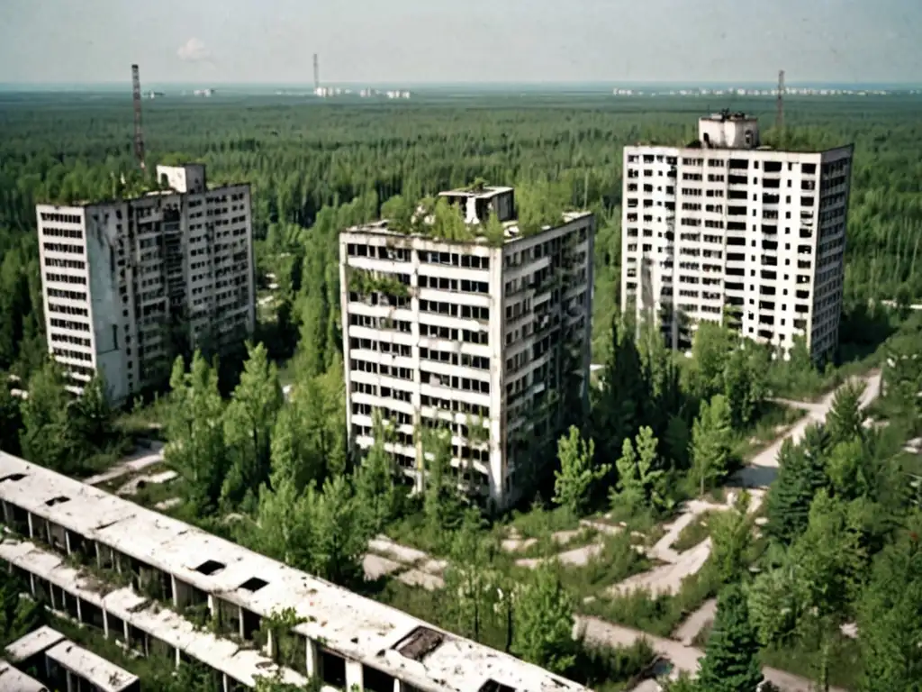 Desolación en Pripyat: Naturaleza reclama la ciudad Ruinas y naturaleza se funden en la ciudad fantasma de Pripyat, evocando apariciones de fantasmas en Chernóbil