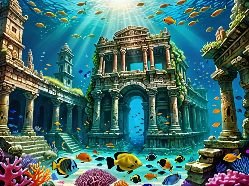Ruinas submarinas cubiertas de coral y peces, evocando los mitos sobre el colapso de Mu y Lemuria