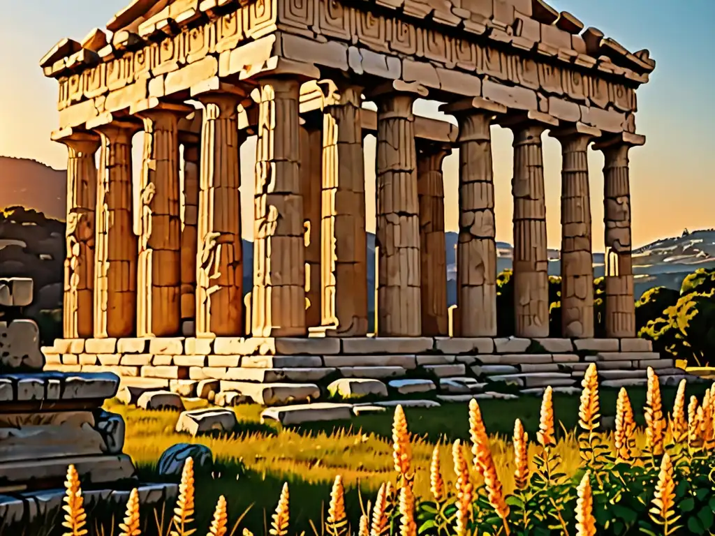 Ruinas de templo griego al atardecer, con detalles y columnas destacadas
