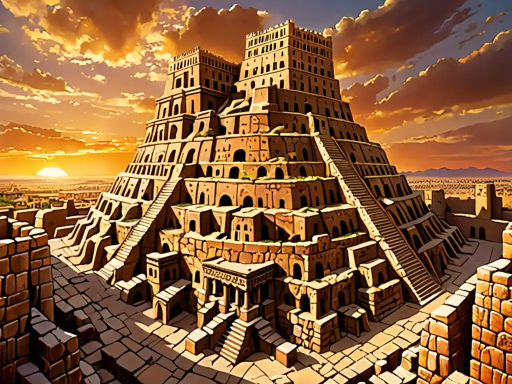 Ruinas de la Torre de Babel al atardecer, destacando su grandiosidad histórica