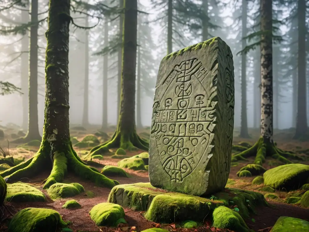Una runa nórdica antigua y misteriosa, cubierta de musgo, en un bosque neblinoso evocando el significado oculto de las runas nórdicas