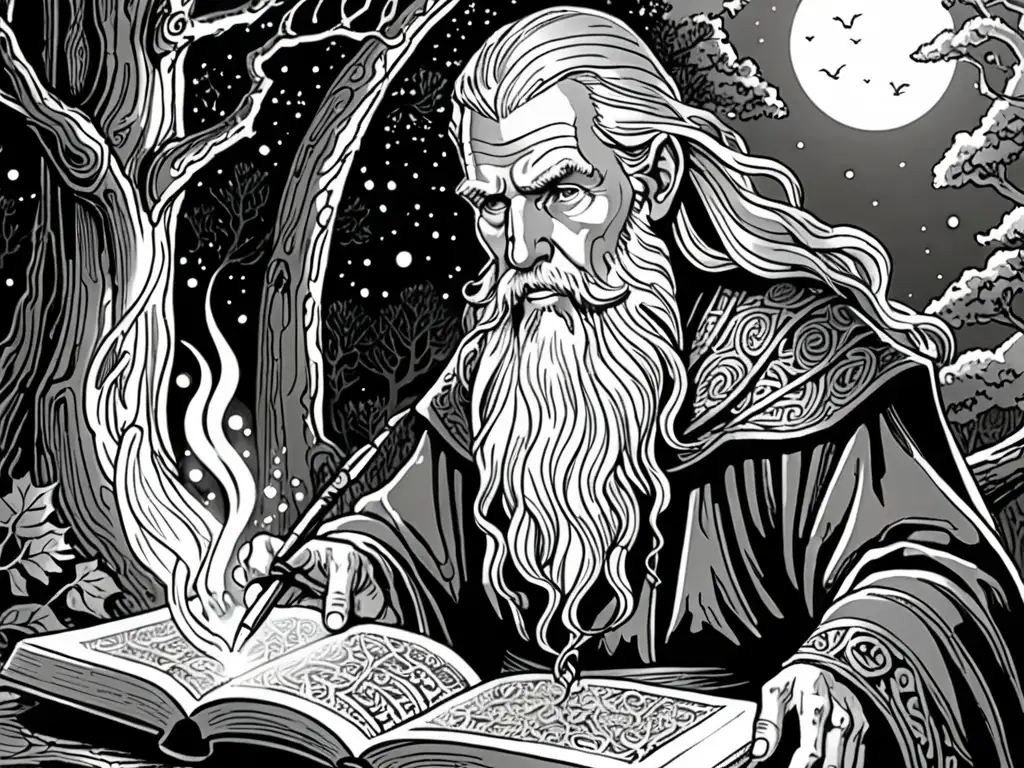 Merlín, el sabio hechicero, rodeado de energía mágica, contempla un antiguo tomo en un bosque místico