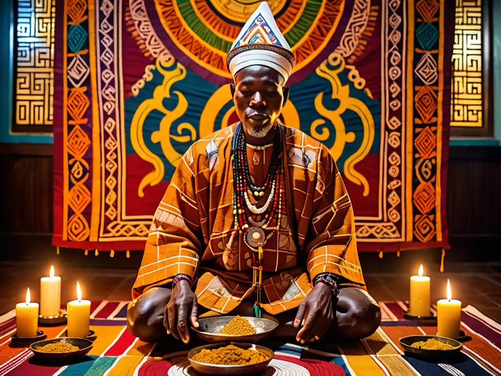 Un sacerdote Yoruba realiza un ritual sagrado rodeado de tapices vibrantes, en un ambiente espiritual y reverente