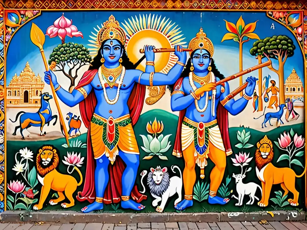 Dos salvadores divinos de culturas distintas, Krishna y Hércules, representados en un vibrante mural urbano detallado