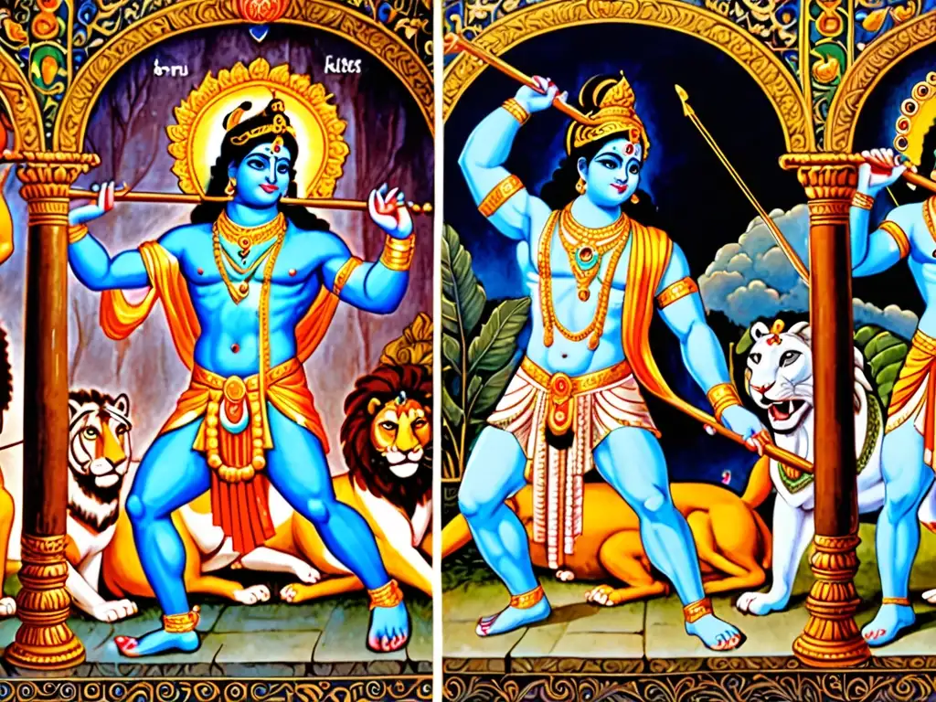 Comparación de salvadores divinos en distintas culturas: Krishna con piel azul rodeado de devotos y Hércules con piel de león y un garrote