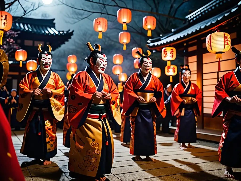 Practica del Setsubun en un santuario histórico, con movimientos rítmicos, vestimenta detallada y un aire de misterio