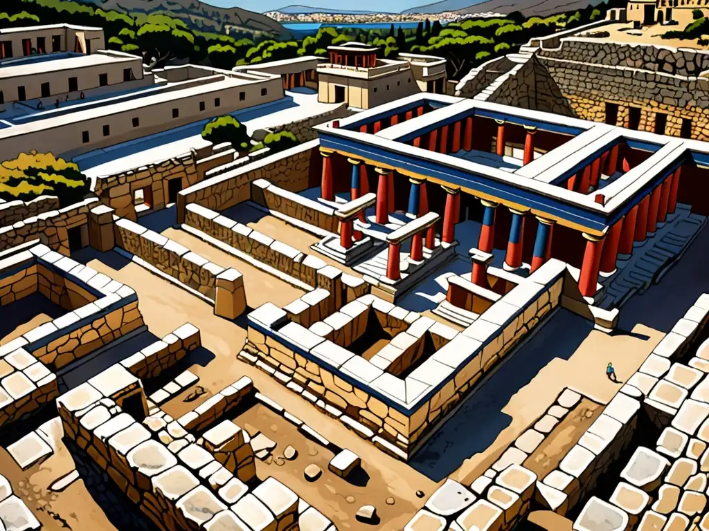 Descubre los secretos del Laberinto del Minotauro en las ruinas de Knossos, con arqueólogos excavando entre columnas y frescos coloridos