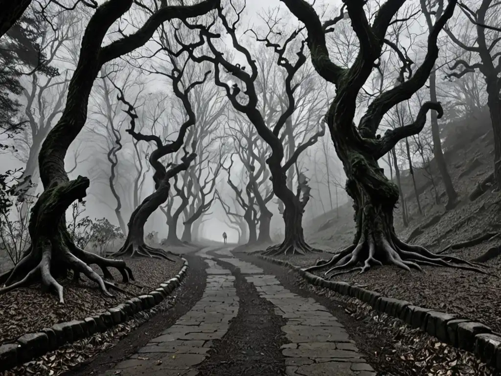 Un sendero de adoquines antiguo, envuelto en niebla, serpentea entre un denso y sombrío bosque, evocando leyendas de apariciones en caminos olvidados
