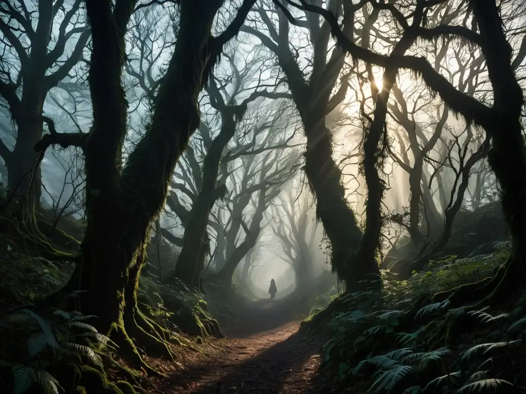 Un sendero mistico y misterioso en un bosque encantado, con una figura sombría
