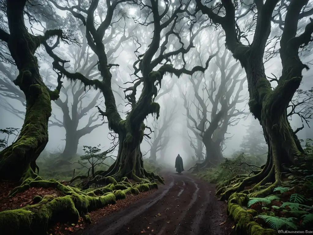 Un sendero en la penumbra serpentea a través de un antiguo bosque, con árboles retorcidos que se ciernen sobre el sendero cubierto de maleza