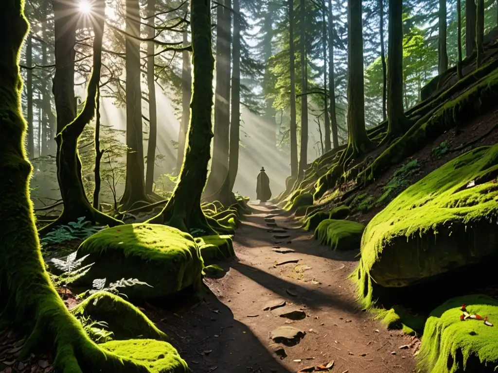 Un sendero serpenteante entre un bosque denso, con neblina etérea y luz solar filtrándose entre los árboles