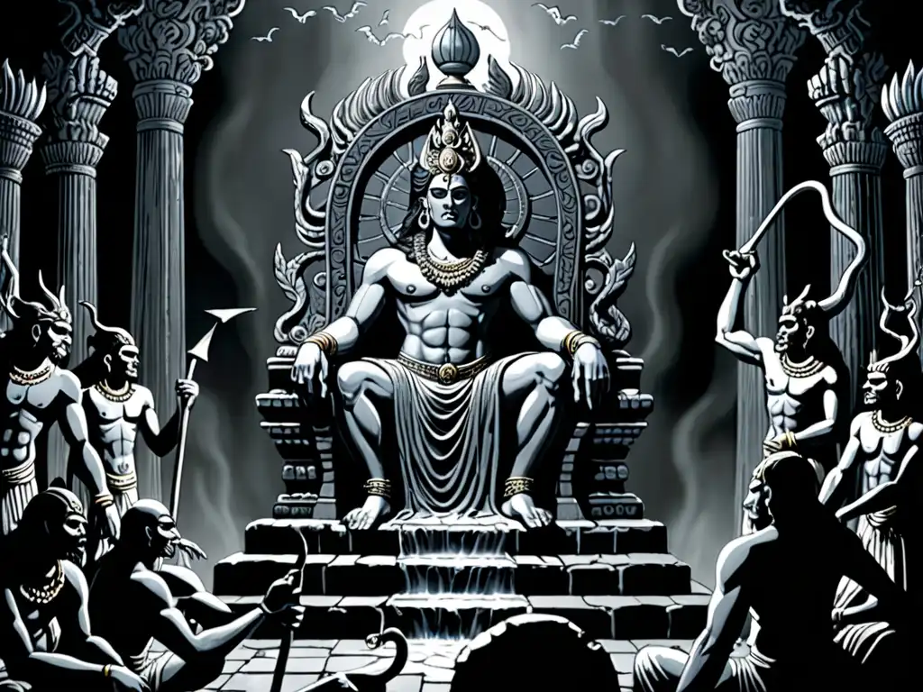 Dos Señores del Inframundo en detallada y ominosa imagen, destacando Hades y Yama en sus tronos, con expresiones únicas y paisajes misteriosos