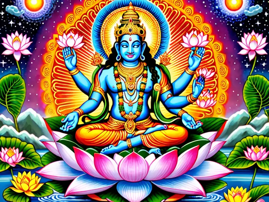 Brahma, dios hindú, sentado en flor de loto rodeado de energía cósmica y símbolos de creación