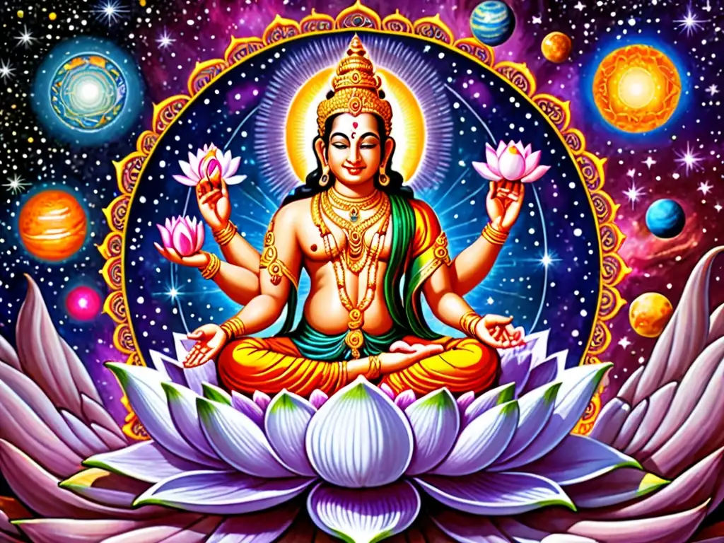Brahma, dios hindú, sentado en loto, con cuatro cabezas y cuatro brazos, rodeado de un escenario cósmico vibrante