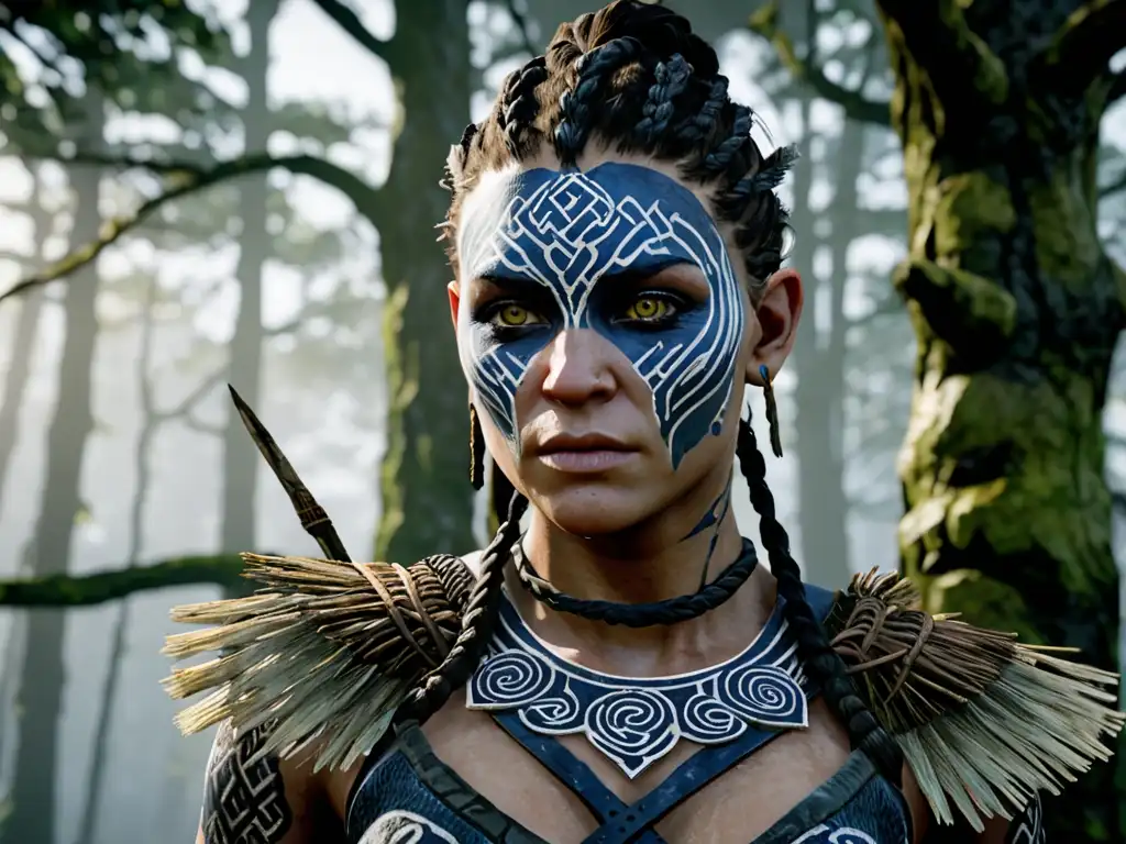 Senua en un bosque celta con ojos determinados y un toque de miedo, evocando mitos celtas y la magia ancestral