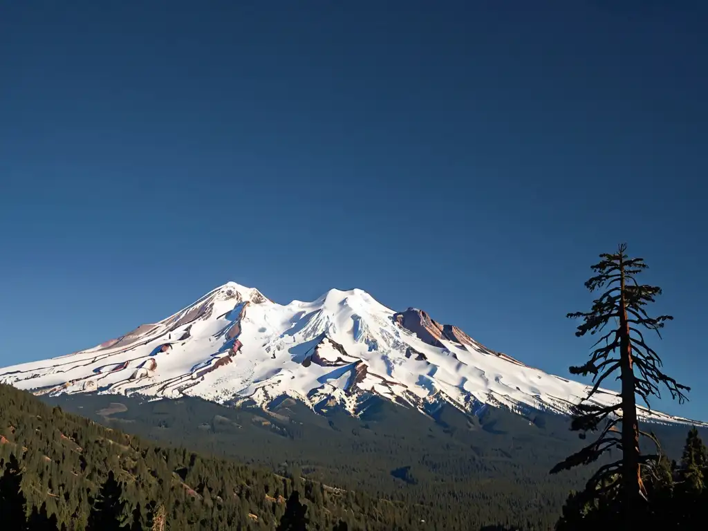 Seres de Luz Intraterrenos Monte Shasta: Imponente pico nevado del Monte Shasta resplandece bajo el cielo azul, rodeado de pinos