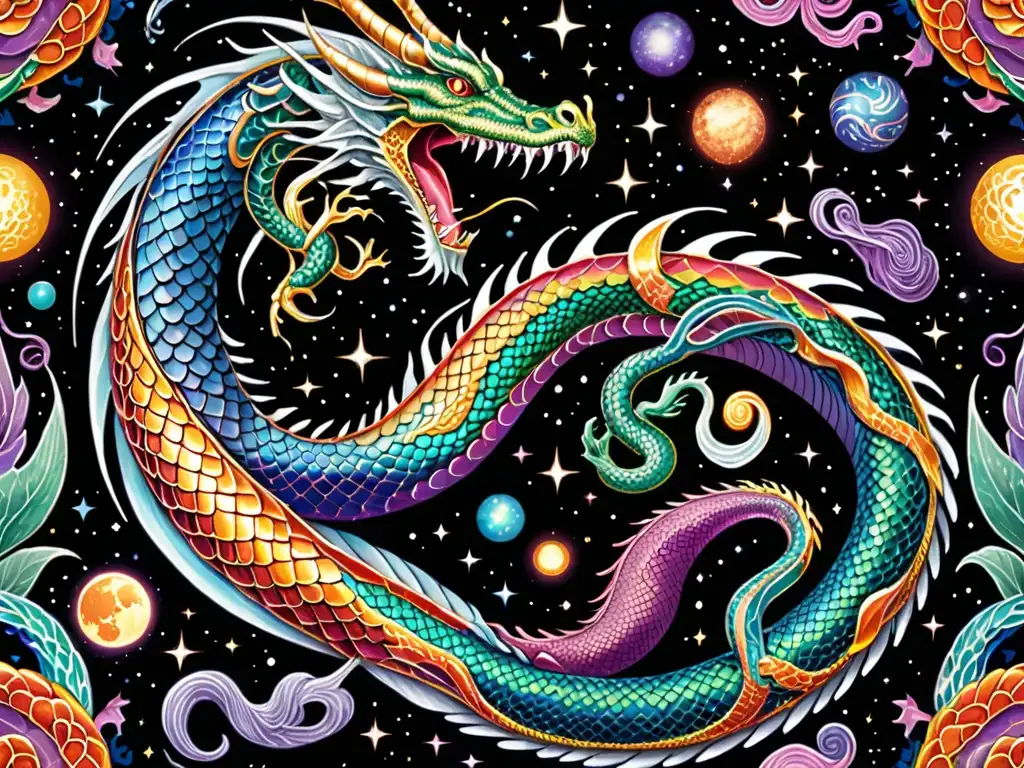 Un serpiente cósmica y un dragón entrelazados entre galaxias, irradiando energía cósmica