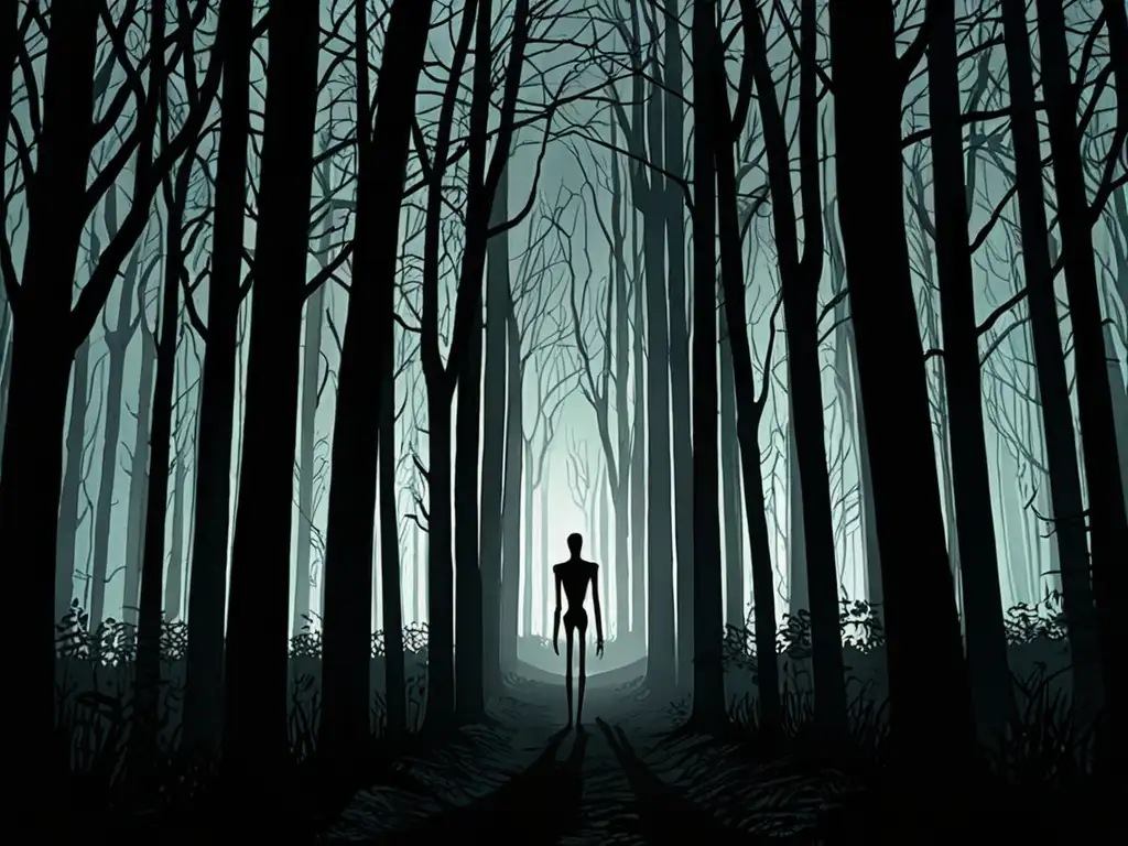 Silencioso bosque nocturno, con árboles altos y sombras alargadas, evocando la presencia inquietante de Slenderman
