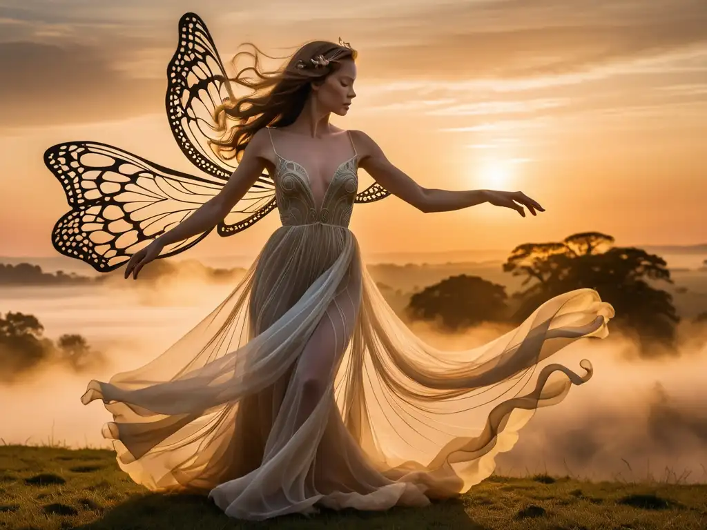 Una sílfide, espíritu del aire misterioso, danza en la bruma al atardecer, irradiando belleza etérea