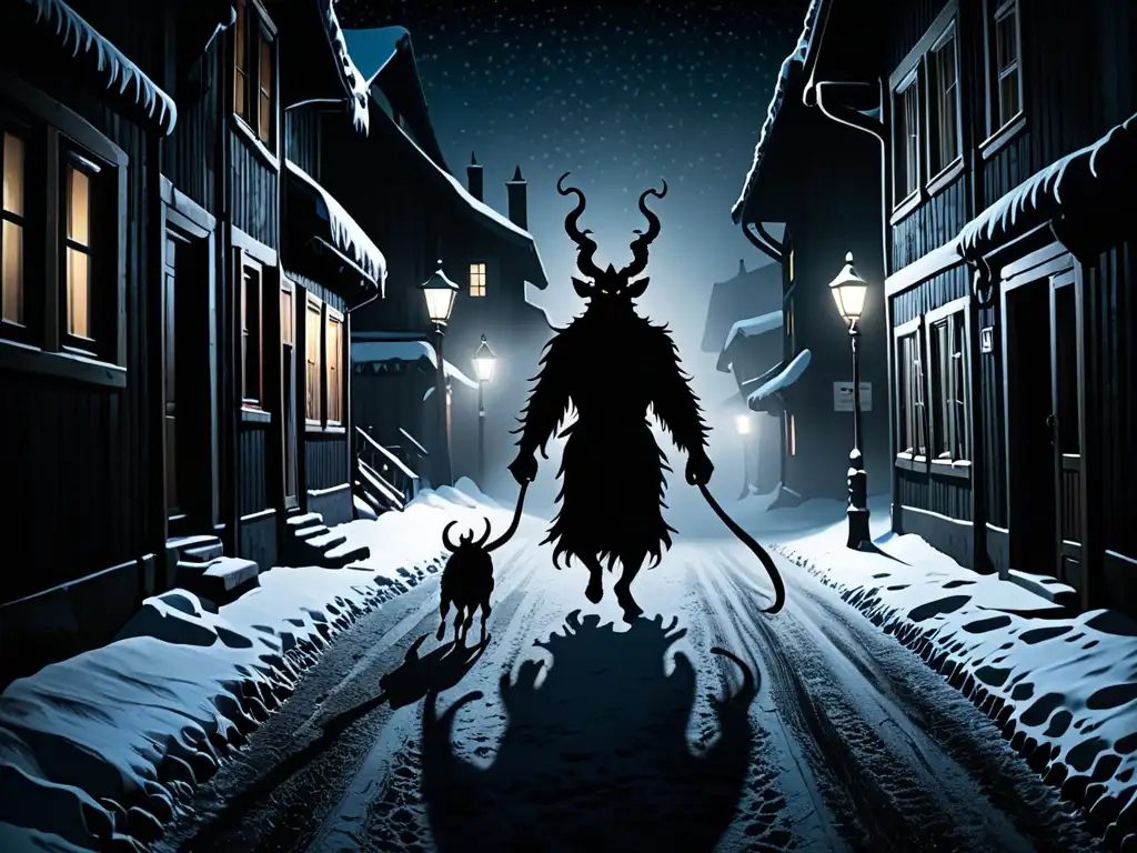 Silueta de Krampus en calle nevada de los Alpes, noche tenebrosa en Krampusnacht