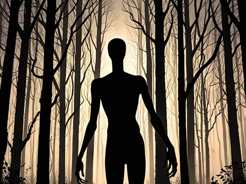 Silueta ominosa entre árboles altos en un bosque oscuro al anochecer, evocando la leyenda de Slenderman y las consecuencias reales del culto