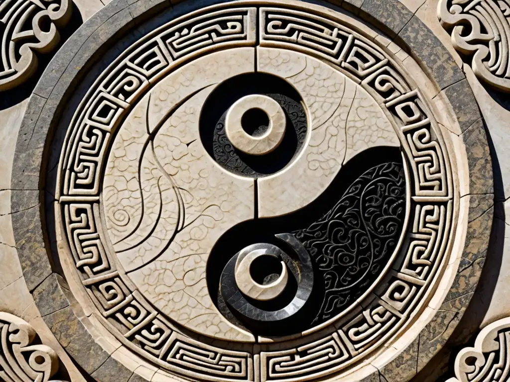 Un símbolo de yin y yang tallado en una tableta de piedra, con patrones detallados y texturas visibles