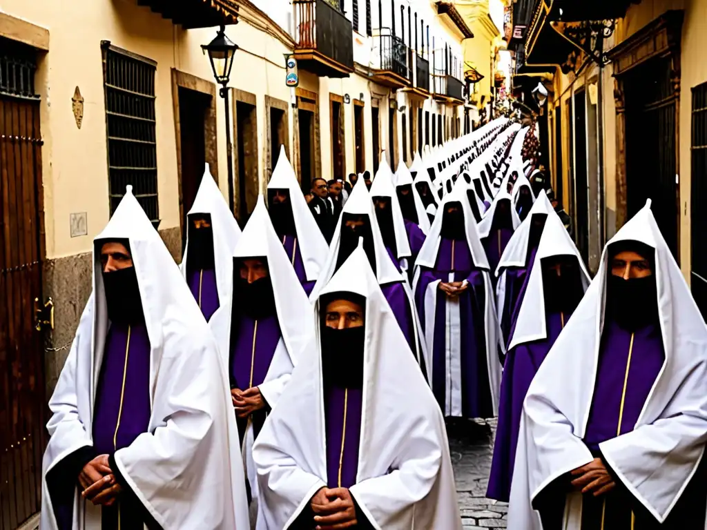 Procesión solemne de Semana Santa en Sevilla, con penitentes y espectadores