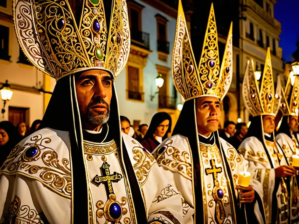 Una procesión solemne de Semana Santa en Sevilla, España, muestra la rica tradición religiosa y cultural