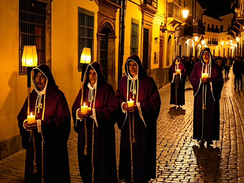 Procesión solemne de Semana Santa en Sevila, España, con figuras encapuchadas llevando pasos ornamentados y luz de velas