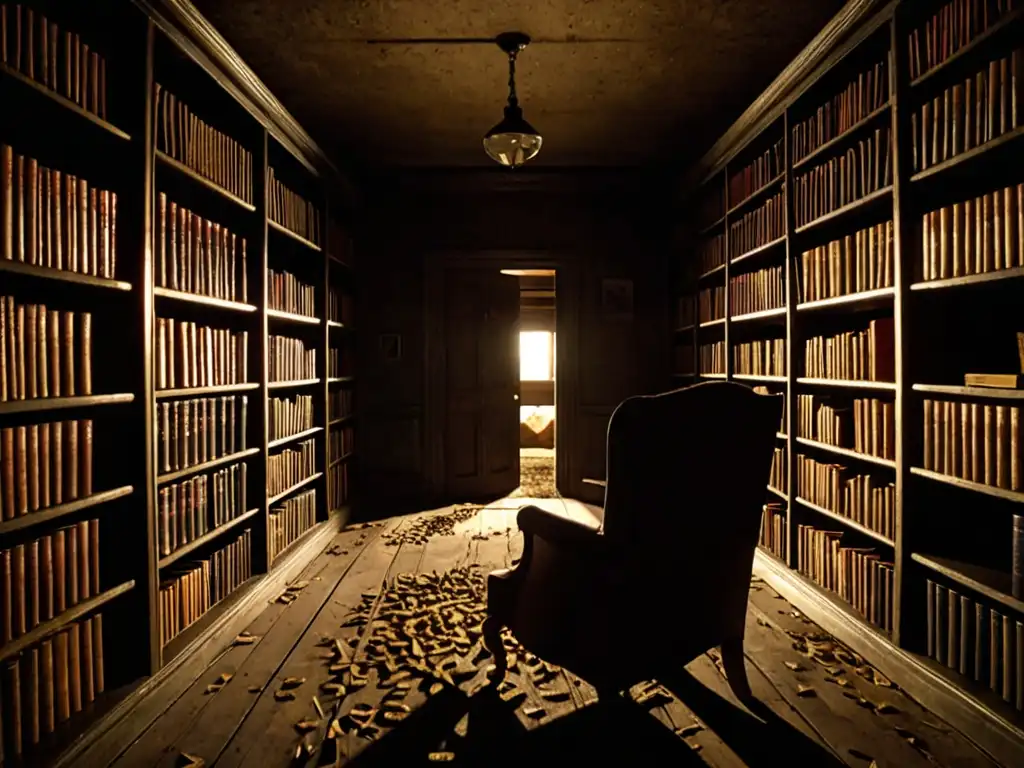 Un solitario rincón de estudio iluminado con libros antiguos sobre psicología del miedo en creepypastas, evocando misterio e introspección