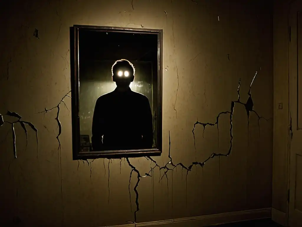 Habitación sombría con espejo agrietado iluminado por un foco, reflejando la inquietante silueta del Hombre Sonriente leyenda terror online