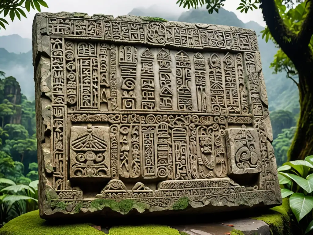 Tableta de piedra antigua con inscripciones sobre los mitos del colapso de Mu y Lemuria, rodeada de exuberante vegetación y neblinosas montañas
