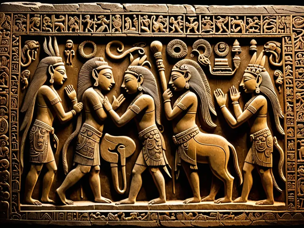 Una tableta de piedra antigua con intrincadas figuras talladas iluminadas por luz dorada, evocando misterio y sabiduría antigua