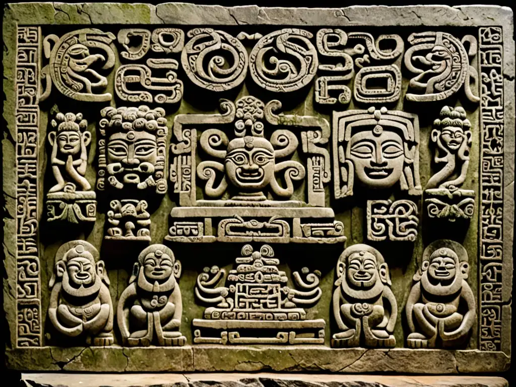 Tableta de piedra con deidades de la palabra en mitos, envejecida y cubierta de musgo, emanando sabiduría ancestral en penumbra