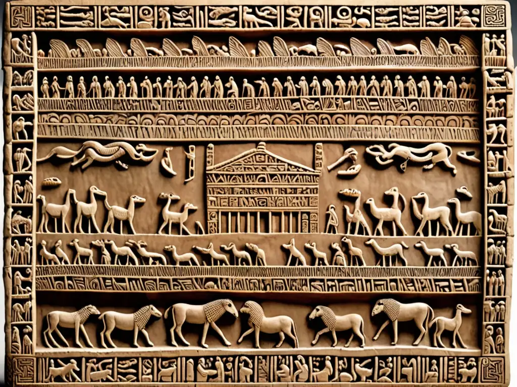 Tableta sumeria de arcilla con el mito del diluvio universal, muestra la persistencia del mito a través de detalles intrincados y escenas dramáticas