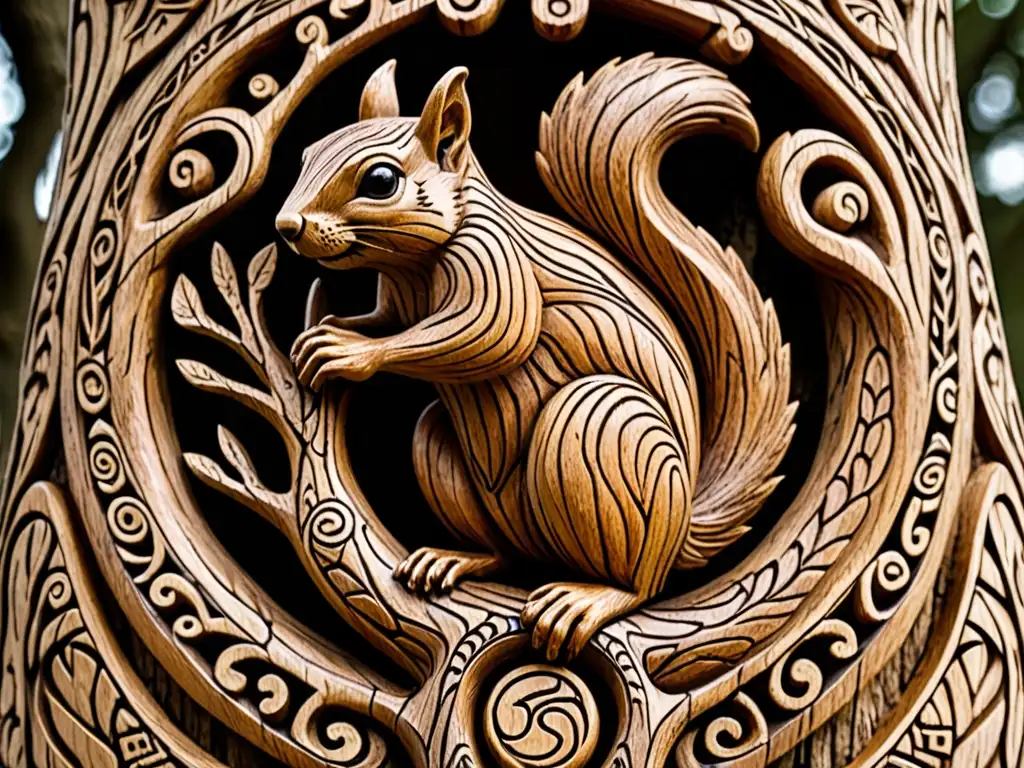 Una talla de madera detallada de Ratatoskr, la ardilla mensajera, en Yggdrasil, rodeada de símbolos nórdicos