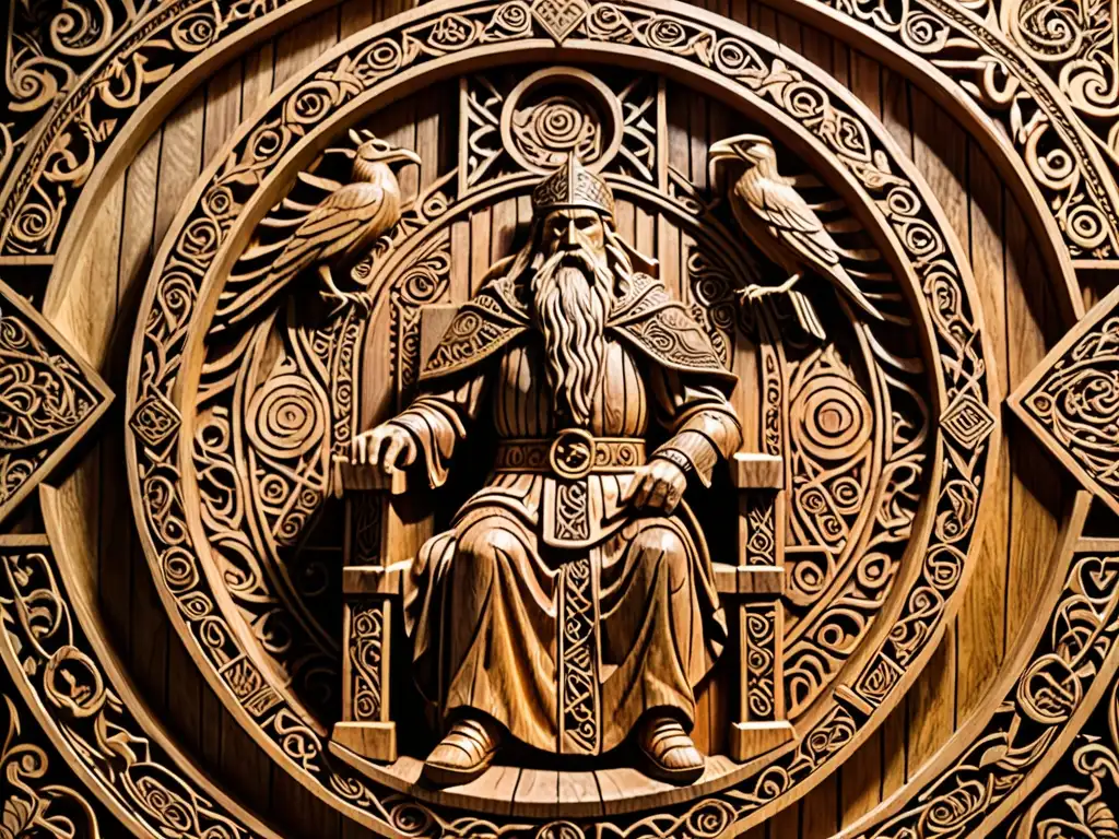 Una talla de madera detallada del dios nórdico Odín en su trono en Valhalla, con un ojo y un manto de cuervos