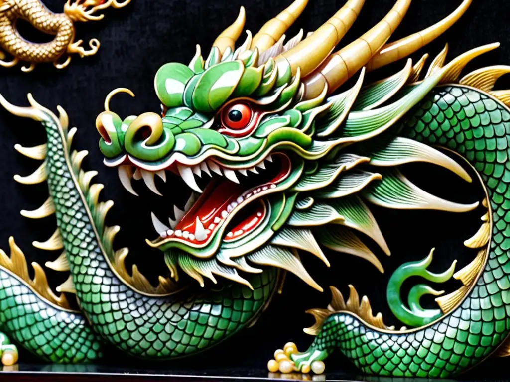 Un tallado detallado de un dragón chino en jade, con escamas y ojos vívidos, sobre terciopelo negro iluminado