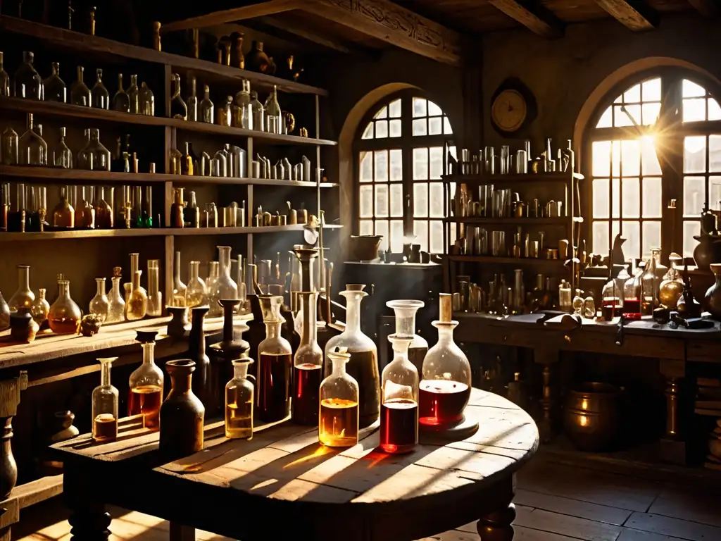 Un taller de alquimia antiguo con un alquimista trabajando en un experimento complejo, rodeado de instrumentos en un ambiente misterioso