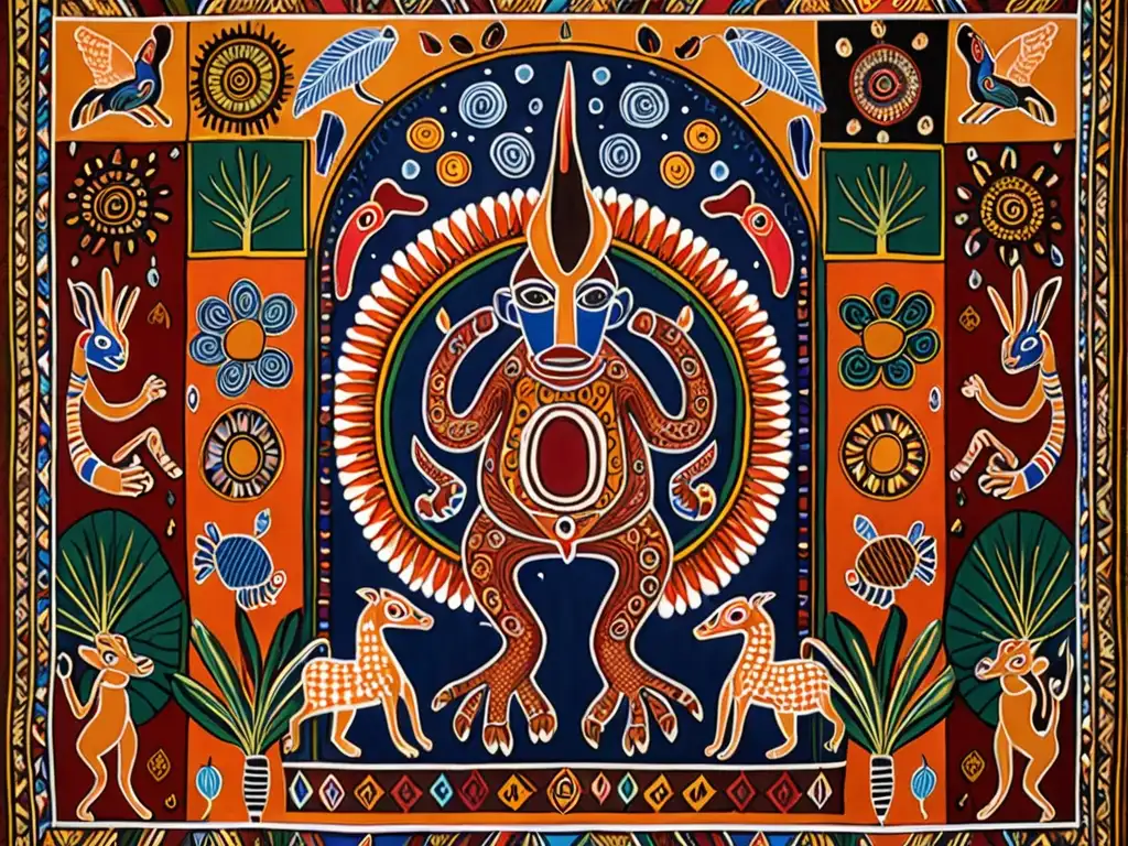 Un tapiz africano detallado muestra al mítico Ninki Nanka en vibrantes colores y patrones intrincados, rodeado de artefactos africanos