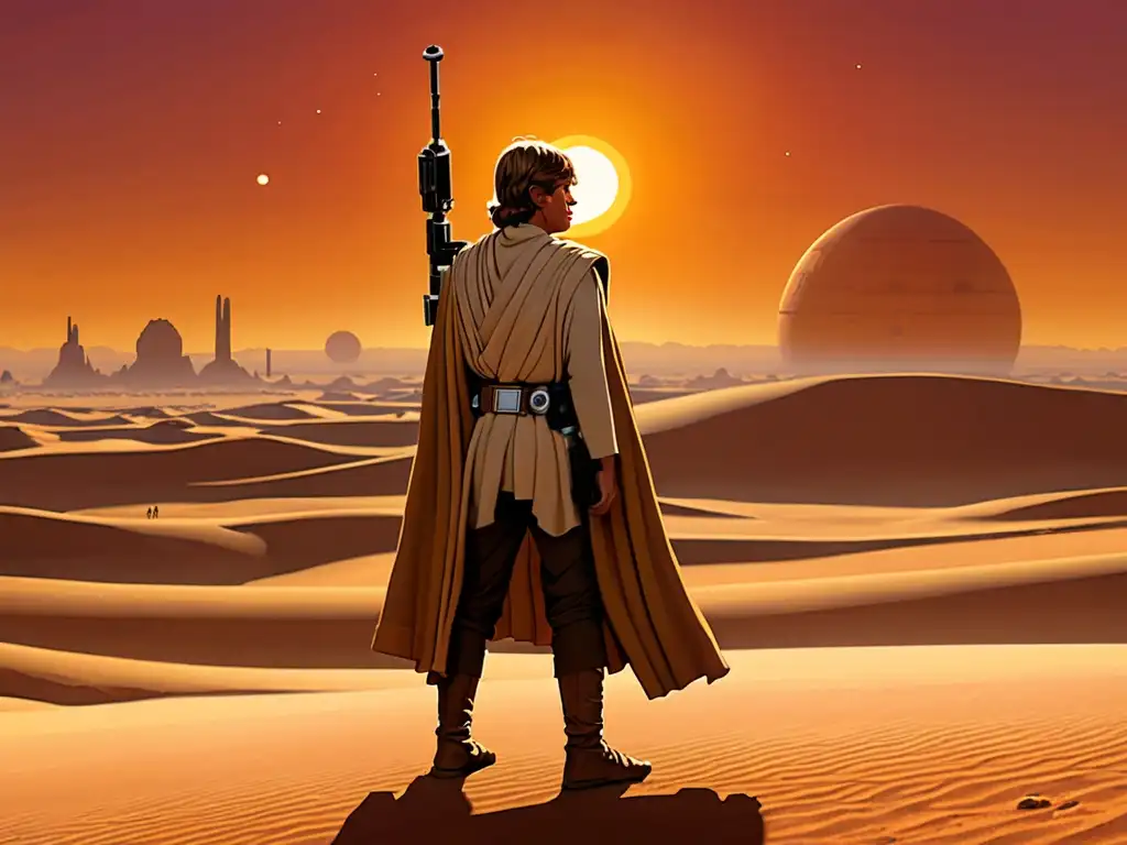 Luke Skywalker en Tatooine, contemplando el atardecer entre dos soles, refleja la conexión entre Star Wars y mitología